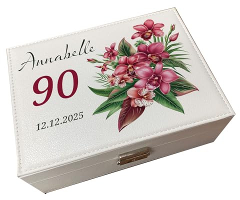 Personalised Birthday Jewellery Box, Orchid Flower Design, 90th Birthday Gift, White Leatherette
