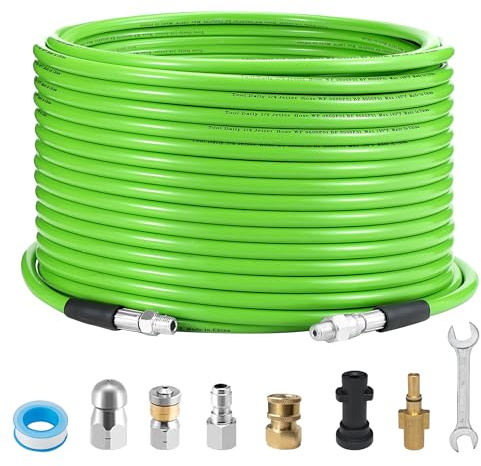 Tool Daily 15M Pressure Washer Hose Drain Cleaning Kit for K2-K7 & AQT | Sewer Jetter Hose with 4 Adapters, Rotating & Button Nose Jet Nozzle, for K Series & Bosch AQT, for Blocked Drains, 3600 PSI