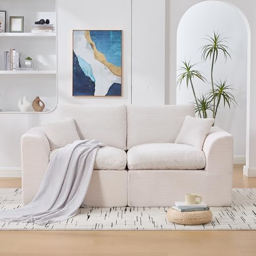 Luscriate Modernes 2er Sofa, 2 sitzer Modulares Sofa, Corduroy Sofa mit Kissen Freizeitsofa im nordischen Stil Wohnzimmer, Kein Aufbau erforderlich (Corduroy, Beige-2 sitzer)