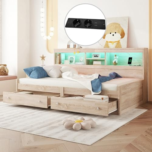 HaoChrymec Daybett, 90 x 200 cm, Schlafsofa mit 2 USB- und 2 Ladebuchsen, Ambiente-Beleuchtung, 2 Schubladen, Bett mit Lattenrost (ohne Matratze), Spanplatte, Natur