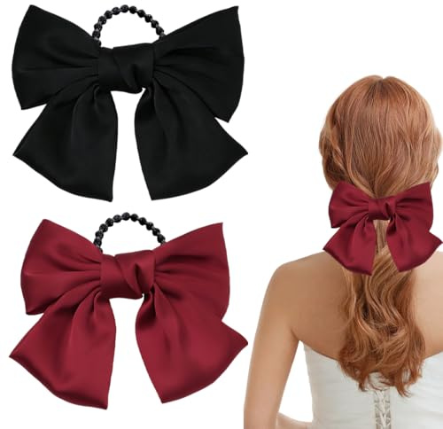 KRFWGUU 2 Pezzi Elastico Per Capelli Donna Con Fiocco In Raso/Mollette Per Capelli Elegante Grandi/Fiocchi Per Capelli/Elastico Capelli Per Ragazza(Nero, Rosso)