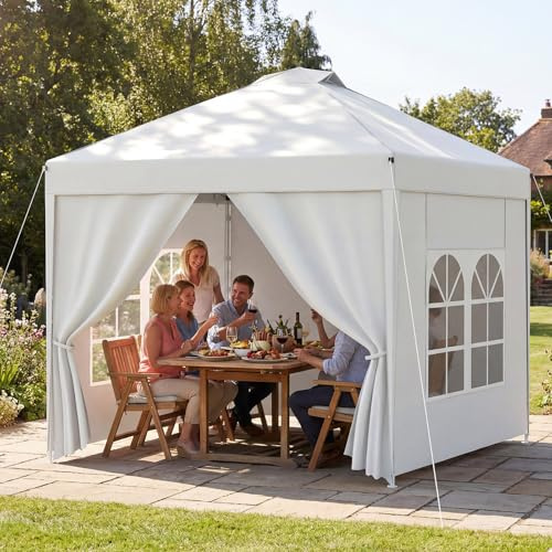 Verdego Pavillon mit Seitenwänden 2.5X2.5m, Faltpavillon UV Schutz 50+, Pavillion mit Tragetasche, Gartenpavillon Wasserdicht, Winterfest, Höhenverstellbar, Partyzelt für Garten Camping, Weiß