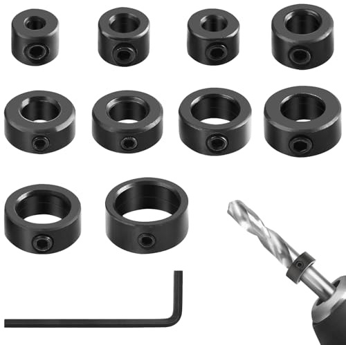 11 Stück Tiefenanschlagringe Set, 3/4/5/6/8/9/9,5/10/12/16mm, Schwarz | Tiefenanschlag für Bohrer,Präzise Bohrtiefe,mit Sechskantschlüssel,Kohlenstoffstahl,Gute Korrosions,für BohrerHolzbearbeitung
