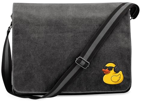 Huuraa Umhängetasche Quietscheente DJ Gummiente Club-DJ 14 Liter Black Canvas Laptoptasche Geschenkidee