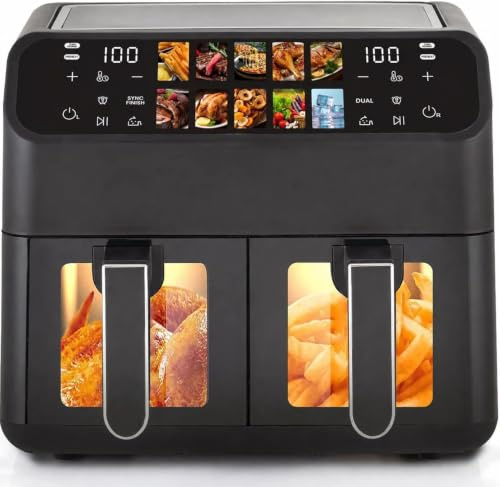 Draixcor Heißluftfritteuse 9L XXL Dual 2000W, Airfryer mit 2 Kammern, Sichtfenster, Farb-Touchscreen, 10 Programme, Sync-Finish, fettarm, Schwarz