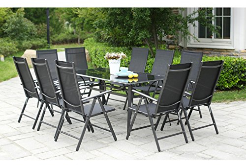 CONCEPT USINE - Salon de Jardin Aluminium - Ensemble Mobilier d'Extérieur : Table Rectangulaire Plateau en Verre + 10 Chaises Pliables et Inclinables - Gris - Design Rimini - Robuste Résiste à l'eau