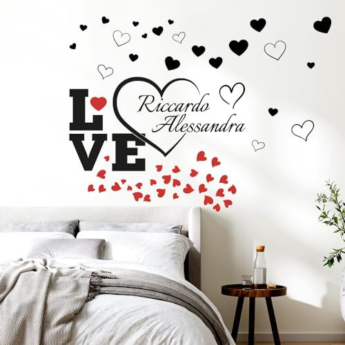 STICKER DESIGN Scritta con Nomi Personalizzati e Cuori, Adesivo nome personalizzato per fidanzati, Sticker Personalizzati per Camera, Scritte adesive personalizzate per Pareti e Salone