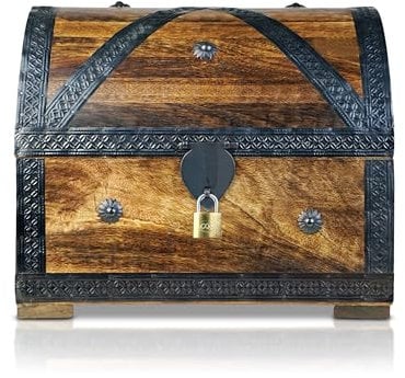Schatztruhe mit Schloss Koffertruhe Holztruhe Schatzkiste Vintage-Look Piraten Schatzsuche Holz massiv braun Kolonialstil Schatulle Bauernkasse Holz Piratentruhe Geldtruhe (Pirat XL 32x25x25cm)