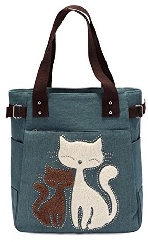 ShopINess Borsa Tote in Tela con Gatti Ricamati Multitasche con Cerniera Pratica Borsa a Spalla da Donna (Verde)