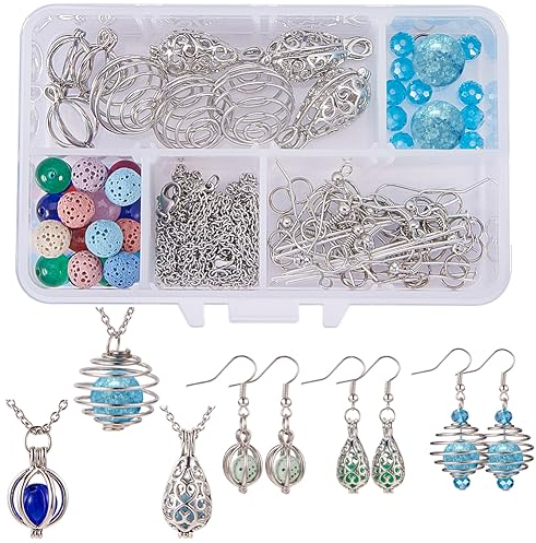 SUNNYCLUE 1 Box DIY 9 stücke Hohlperlenkäfig Anhänger Halskette Ohrringe Schmuck Machen Kits Aromatherapie Ätherisches Öl Diffusor Medaillon Anhänger & Lava Chakra Edelstein Perlen & Kreuz Kette