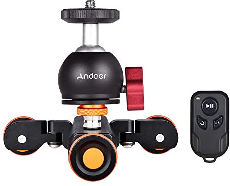 Andoer 3-Wheels Wireless Remote Control Motorized Camera Video Auto Dolly 3 Speed Adjustable with Mini Flexible Ballhead Mount Adapter Compatible with Canon Nikon Sony DSLR Camera Smartphone