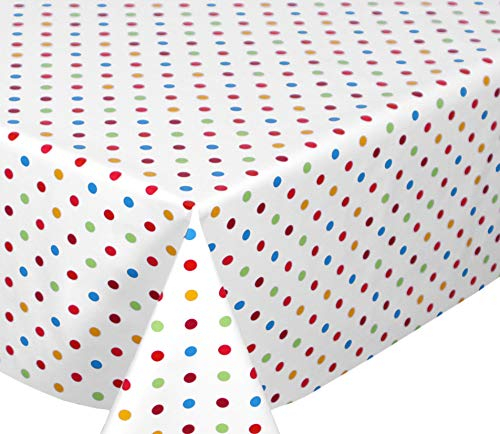 Weiß, Punkte Bunt Wachstuchtischdecke glatt abwischbar Garten Tischdecke RUND OVAL ECKIG, Größe wählbar (Eckig 140x260 cm)
