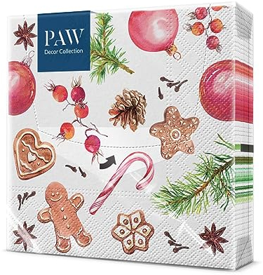 PAW - Servietten 3-lagig (33 x 33 cm) I 20 Stück I Papierservietten Bunt Perfekt für den Weihnachtstisch I Servietten - Weihnachten, Winter, Sterne, Lebkuchen, Süßigkeiten I Homemade Sweets