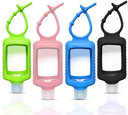 4 Pack Travel Size Plastic Clear Bottles w/Silicone Sleeve Refillable Empty Squeeze Containers Leakproof Flip Cap Keychain Bottles Hand Sanitizer Holder for Backpack Travel Outdoor (60ml/2oz) (A)