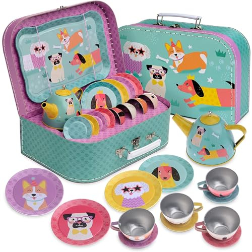 Jewelkeeper - Kinderspiel Zinn Teeservice und Tragetasche, Kindergeschirr Spielküche, 15-teilig - Hündchen Design