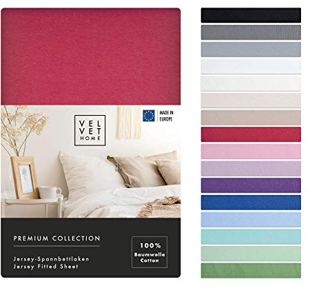 VelvetHome Spannbettlaken 200x220cm 100% gekämmte Baumwolle Made in EU Jersey Bettlaken 200x220 bis 25 cm Matratzenhöhe Spannbetttuch 200x220 Premium Qualität Schönen Farben Rubin 200 x 220