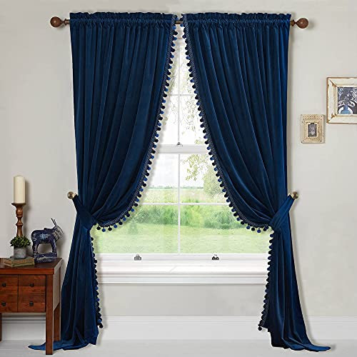 StangH Luxuriöse Samtvorhänge, Pompon, Blaue Verdunkelungsvorhänge, Raumverdunkelung, Schlafzimmer, Fenster, dekorative Vorhänge, wärmeisoliert, Raumteiler für Büro/Theater, B 52 x L 96 cm, 2 Paneele