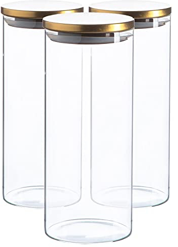 Argon Tableware Scandi Storage Jars with Metallic Gold Lids - 1500ml - 3 Pack - Modern Round Organisation Container Glass Jar for Kitchens, Pantry, Bathrooms, Utility Rooms