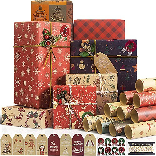 Larcenciel 10 Fealiures Papier Kraft Emballage Cadeau Avec Étiquettes De NoëL + Ruban +Autocollants, Rouge Et Brun, Pour NoëL, Enfant Anniversaire, Pâques, Craft