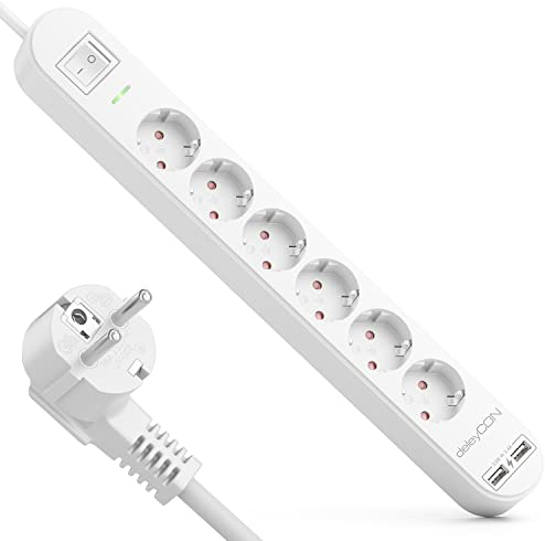 deleyCON 1,5m Multiprise 6 Compartiments avec USB 6X Prises de Contact de Protection 2X Prise de Chargement USB-A par ex. Téléphone Portable et Tablette Protection de Survoltage Bouton on/Off Blanc