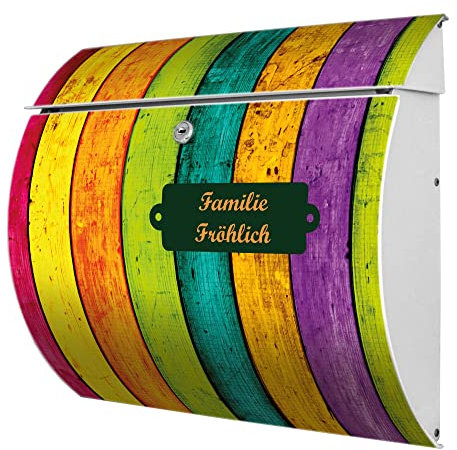 banjado® Burgwächter® Briefkasten weiß aus Stahl mit Motiv Bunte Holzlatten/Briefkasten mit Namen personalisierbar/Briefkasten ohne Zeitungsfach mit Kippdach & Öffnungsstopp, 2 Schlüssel
