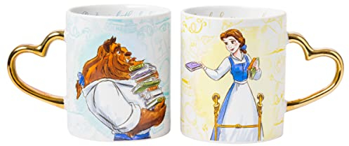 Silver Buffalo Disney Princess Die Schöne und das Biest Don't Mind the Books, goldfarbener herzförmiger Griff, 2 Stück, Keramikbecher-Set, 400 ml