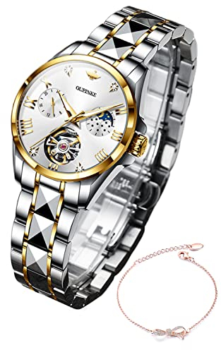 OUPINKE Damenuhren, automatisch, luxuriös, rotgold, mechanische Mondphase, Wolframstahl, Kristall, Skelett, wasserdicht, leuchtend, Damenuhr, Weiß (1), Damen Automatikuhr