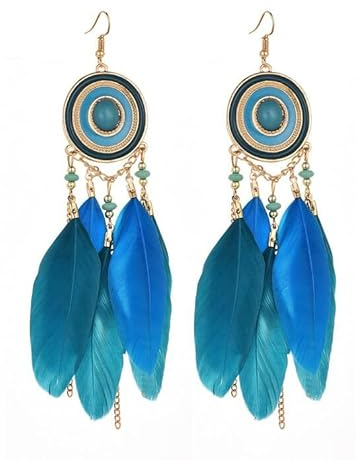 BJH Elegante Ohrhänger, Fransen, Federn, Boho, Blau, Metall
