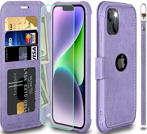 VANAVAGY Compatible with iPhone 13/14 Wallet Case,Rfid Flip Leather Cover with Wrist Supports Wireless Charging with Card Holder,[Glass Screen Protector and Camera Cover],Clove Purple