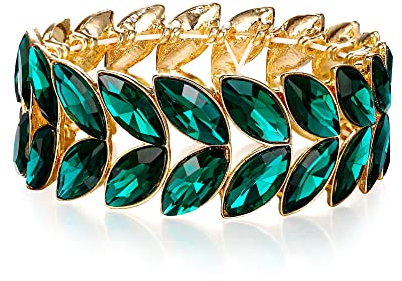EVER FAITH Stretch Armband Art Deco Handgelenk Schmuck für Abschlussball geschichtetes Marquise-Kristall Blatt elastisches für Damen Grün Gold-Ton