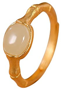 Myshiwu 925 Sterling Silber Hetian Jade Karneol Ring, Vintage Eleganz einstellbare Bambus Joint Edelstein Ring (Gold + Hetian Jade)