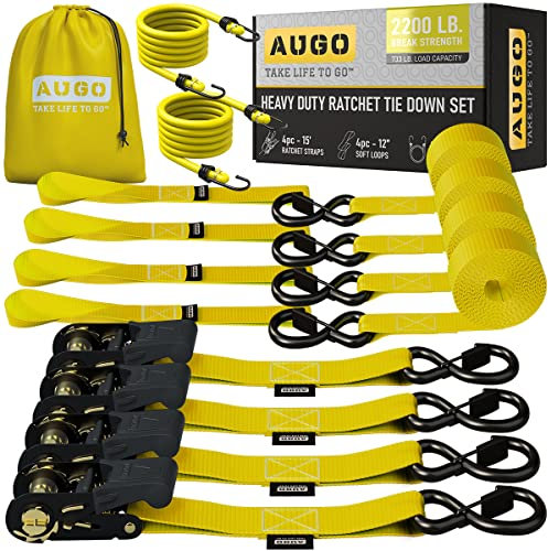AUGO Spanngurte mit Ratsche – 4 Stück – 4,5 m–1000 kg Tragkraft – Lastengurte für bewegliche Geräte, Rasenausrüstung, Motorrad – Bonus 2 Spanngummis, 4 weiche Schlaufen Spanngurt, Aufbewahrungstasche