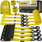 AUGO Ratchet Tie Down Straps –4 PK– 15 FT – 2,200 LB Break Strength – Safety Lock S Hooks –for Moving Cargo, Appliances, Lawn Equipment, Motorcycle – Includes 2 Bungee Cords, 4 Soft Loops, Storage Bag