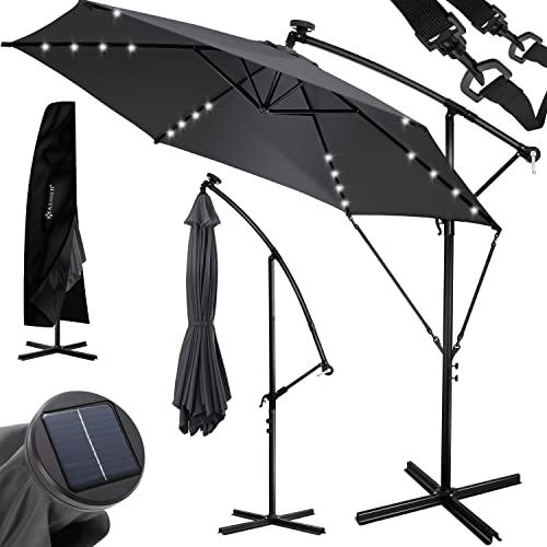 KESSER® Parasol en aluminium avec LED dispositif à manivelle, Protection UV, Aluminium, Tissu hydrofuge | Ombrelle | Protection solaire | Parasol de jardin | Parasol de marché |, 350cm, Anthracite