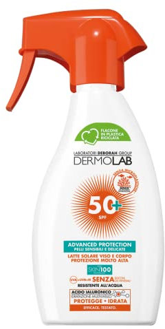 Dermolab - Sonnenmilch Spray für Gesicht und Körper, hoher Schutz LSF 50+ für helle und empfindliche Haut, wirkt Hautalterung und UVA-Strahlen entgegen, wasserfest, dermatologisch getestet, 250 ml