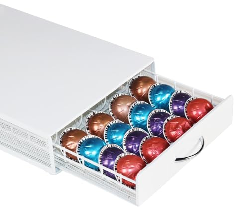 Castell Deco - Tiroir organisateur capsules compatible Vertuo, 100% métal blanc, capacité 40, pour stocker des capsules de café. Organisateur support Vertuoline.