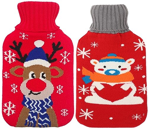 2 Piezas Bolsa de Agua Caliente, 1L Botella de Agua Caliente con Funda de Punto Extraíble Goma Agua Caliente Bolsa Bolsa de agua caliente extraíble y lavable para Noches Frías de Invierno, Rojo