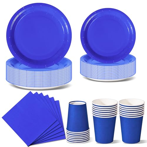 Nkaiso Anniversaire Vaisselle de fete 96 Pièces Bleu Joyau Party Assiettes en Papier Set Assiettes de Fête Jetables Papier Tasses Serviettesr, pour Barbecue les Fêtes les Pique-niques -24 Invités