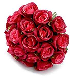 rongweiwang Künstliche Blumen, Stoff, 18 Köpfe, Rosen, künstliche Blumen, Brautstrauß, Arrangement für Hochzeitsdekorationen, Dunkelrot