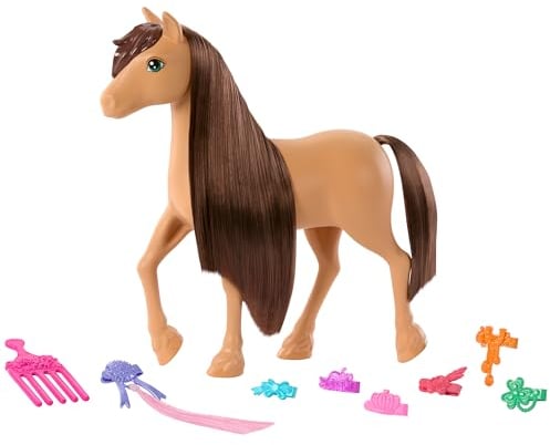 Barbie Pferd - Pony Pepper und Zubehör, inspiriert von Barbie Mysteries: Das geheimnisvolle Pferdeabenteuer Netflix Serie, Pferde-Spielzeug zum Bürsten und Stylen, ab 3 Jahre, HXJ37