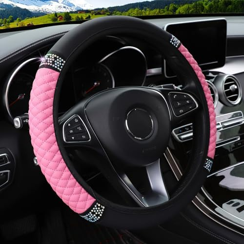 Lenkradbezug aus PU-Leder mit Strasssteinen, elastischer Lenkradschutz mit glitzernden Kristalldiamanten, passend für 37–38 cm große Auto-Lenkrad (Rosa)