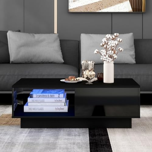 KOMHTOM Table Basse Haute Brillance Noir Table d'appoint, Table de canapé de Salon avec Un tiroir et Un Compartiment de Rangement Ouvert 95x55x32cm (B, Noir)