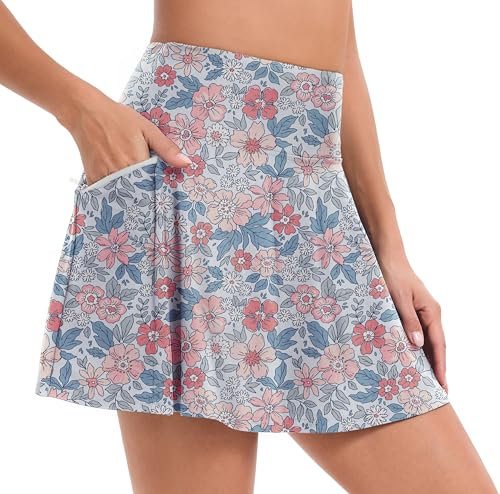 Timuspo Baderock Damen Schwimmshorts Badeshorts Hosenrock Kurz Sportrock Bikini Rock mit Short Integriert 4 Taschen Blume Rosa XL