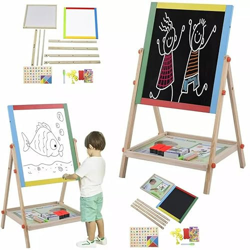 2 in 1 Wooden Easel Board Kids Drawing Board Double Sided Magnetic White Board and Black Board Revolving Easel Board Chalk Drawing Board for Child Toddlers Educational Gift