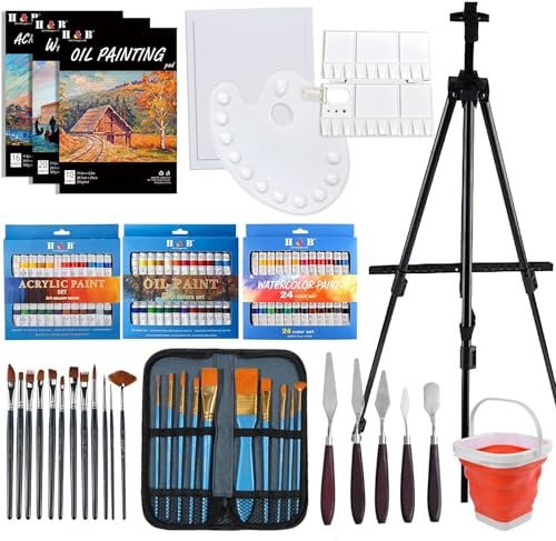 H & B Deluxe Art Canvas Painting Sets with Foldable Aluminum Artist Easel,108Pcs with Acrylic Paints Set,Paintbrushes & Canvas Art Set Painting Kits