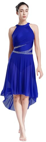Yhong Damen Ballettkleid Lyrisches Tanz Kostüm Mit Mesh Asymmetrisch Rock Elegant Ballett Trikot Body Kleid Modernen Zeitgenössischen Tanz Tüllkleid Blau M