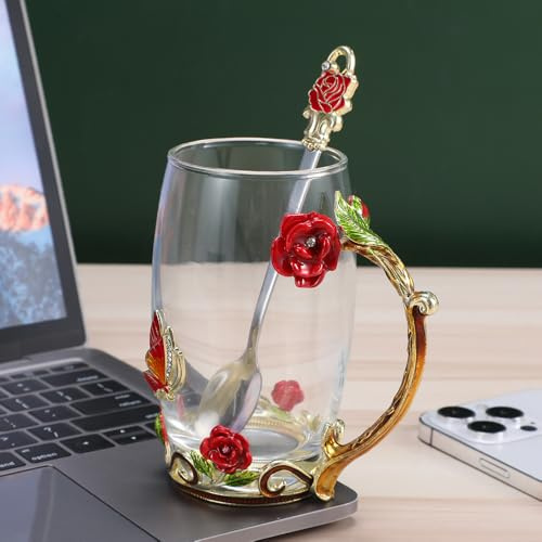 PPEA Glass Coffee Enamels Mug Best Birthday Gifts for Mom Lead-Free Glass Coffee Mugs Tea Cup with Steel Spoon,Gifts for Women Wife Mum Teacher Friends Valentines Christmas Birthday