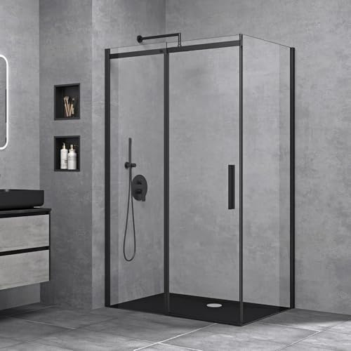 doporro Box Doccia Angolare 90x140x195 cm con Porta Scorrevole Reversibile | Vetro ESG Trasparente 8 mm, Profilo Alluminio Nero Opaco Regolabile 0-15 mm, Piatto Doccia Escluso
