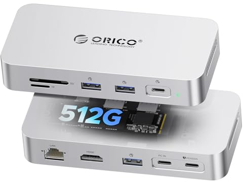 ORICO SSD Esterno 512GB, Docking Station 10-in-1 USB-C velocità fino a 1000MB/s, HDMI 4K@60Hz, ricarica PD 100W Ethernet Gigabit Hub USB, lettore SD/TF Archiviazione Portatile Multifunzione