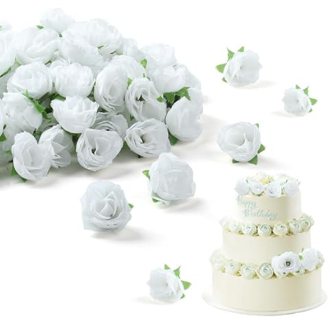Kinretixia Lot de 50 mini têtes de roses artificielles blanches de 3 cm pour la maison, le bouquet de mariage, le jardin, le bricolage, les fêtes, les décorations d'anniversaire
